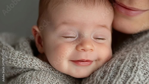 Cute Newborn Baby Smiling in Mother’s Arms Close-Up