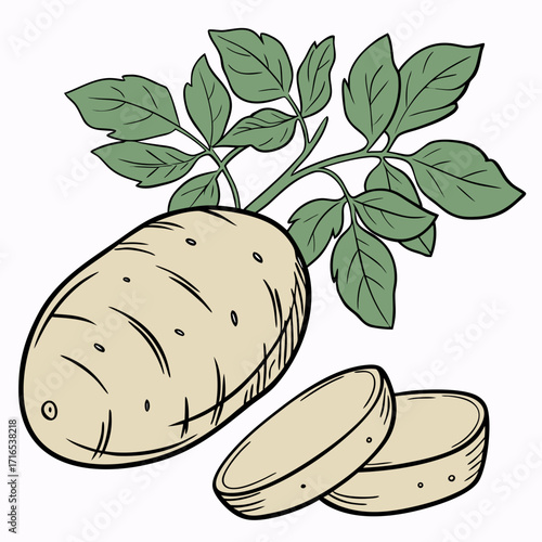 Detailed hand-drawn vector illustration of a whole raw potato, complete with its green leafy stem, alongside two freshly cut slices. Ideal for food, agriculture, and healthy diet concepts