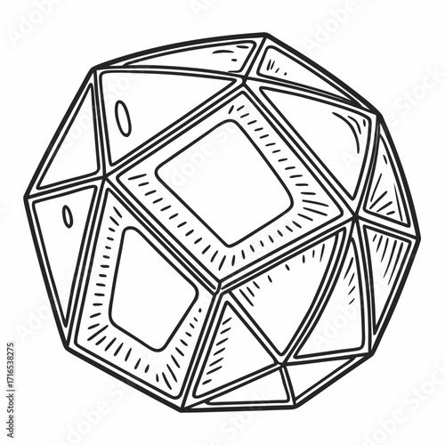 A hand-drawn illustration of a geometric sphere, a complex 3D polyhedron with polygonal faces and internal structure, depicted in a black and white sketch style