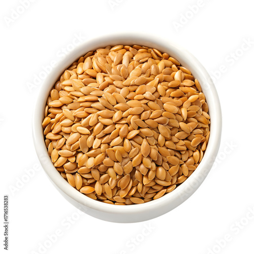 Close up of golden flax seeds in a white bowl. Healthy food, nutrition, and wellness concept.