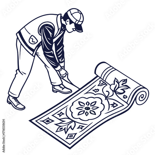 A person in a vest and cap is unrolling a carpet with an intricate floral pattern on the floor