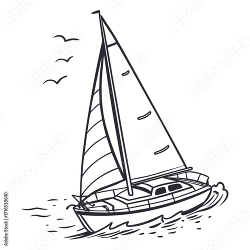 A sleek sailboat glides across the water, with a few birds soaring in the sky above, evoking a sense of freedom and adventure on the open sea