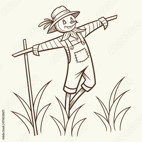 Whimsical Scarecrow Amidst the Wheat A Hand-Drawn Illustration