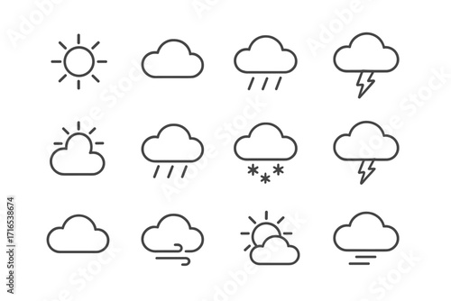 Simple linear weather forecast icons set including rain, snow, thunderstorm, sun, and cloud symbols. Minimalistic line pictograms for web, app, banner, and social media design.