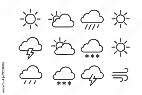 Weather forecast icons set with sun, clouds, rain, snow, thunderstorm, wind symbols. Minimalistic linear pictograms for web design, apps, banners, social media, and graphics.