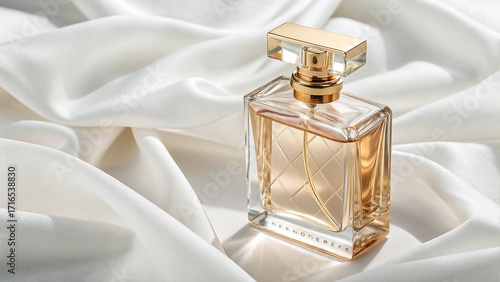 Elegant perfume bottle rests on soft, white fabric in a luxurious setting.