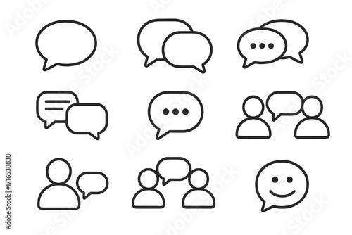 Speech bubbles talking icon set, conversation dialogue line icons for websites, books, cards, apps, editable stroke communication symbols for chat and messaging design