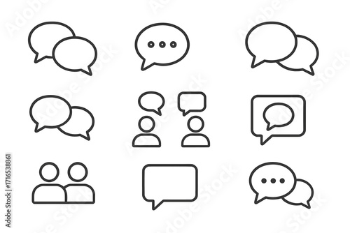 Speech bubbles talking icons set, conversation dialogue symbols for websites, apps, books, cards, minimal editable stroke design, communication and chat concepts, user interface elements