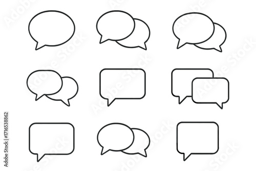 Speech bubbles vector icons set, talking and conversation dialogue symbols, simple isolated line art for chat, messaging, web design, apps, cards, editable stroke graphics