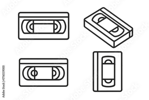 Video tape icons set modern outline style, retro media cassette illustrations for design, cards, apps, social networks, vintage VHS cassette tape vector collection, transparent background