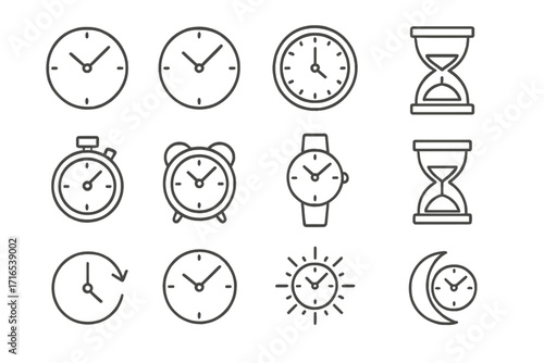 Time clock watch hourglass thin line icon collection, editable stroke vector set for web, app, book, card design, cartoon style illustration with transparent background for timing concepts