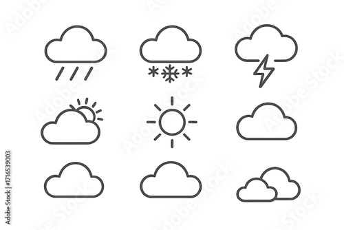 Weather forecast line icon pack with rain, snow, thunderstorm, sun, clouds, minimalistic linear pictogram set for web, graphic design, apps, banners, social media, and digital projects