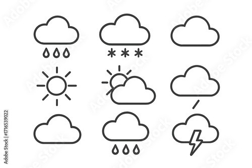 Weather forecast line icon set with rain, snow, thunderstorm, sun, cloud symbols, minimalistic linear pictogram for web, app, graphic design, banners, social networks, cards