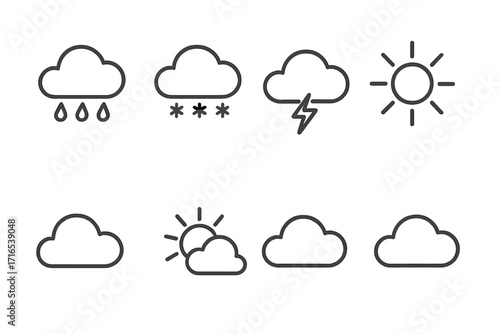 Weather forecast line icon pack with rain, snow, thunderstorm, sun, cloud, minimalistic linear pictograms for web design, apps, banners, social media, graphic projects
