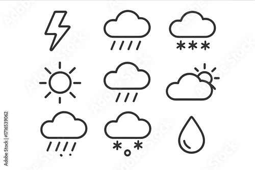 Weather line icon set with lightning rain snow sun clouds and precipitation symbols for graphic design web apps adverts cards vector illustration