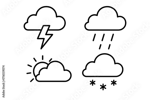 Weather thin line icon set with lightning, rain, snow, sun and cloud symbols for graphic design, web, apps, weather forecast, meteorology, adverts, and cards
