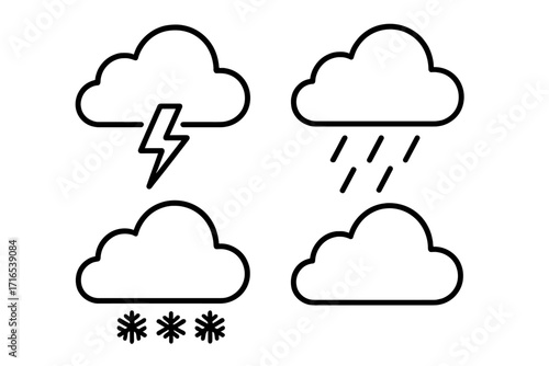 Weather thin line icon set with lightning bolt, rain drops, snowflakes, and cloud outline symbols for graphic design, apps, adverts, weather forecasting, and cards vector illustration