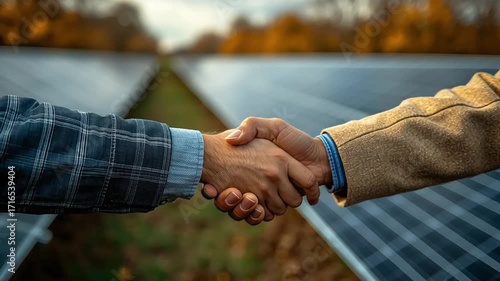 Handshake Agreement at Solar Power Plant in Autumn