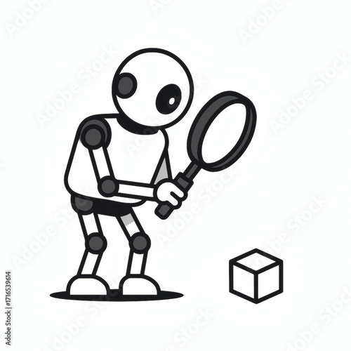 Robot with magnifying glass looking at simple object isolated on white background Moravec paradox concept