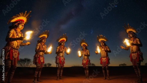 Indigenous Australian dancers performing with fire under a starry night sky