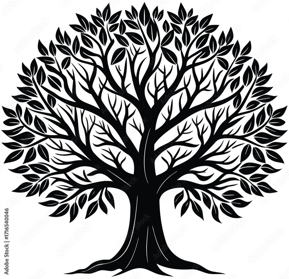 Obraz premium Vector tree silhouette with branches and leaves on white background