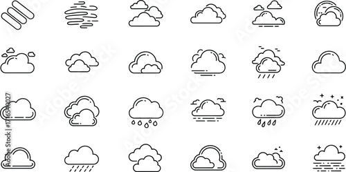 Cloud icon set vector illustration, weather forecast elements, line art style, isolated on white background