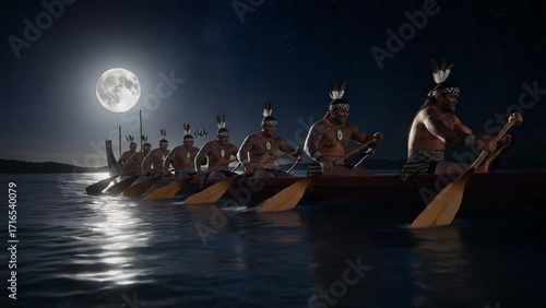 Indigenous tribe rowing a traditional canoe under the moonlight at night