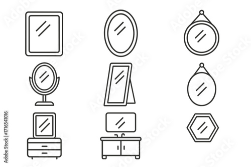Mirror icon set. Thin line vector. Home decor furniture. Reflection, vanity, makeup, bathroom, wall, floor, tabletop mirrors. Editable stroke. Interior design elements.