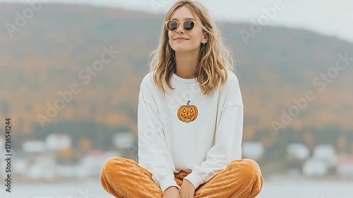 Smiling Woman Wearing Halloween Pumpkin Sweatshirt