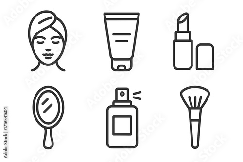 Beauty and cosmetics line icon set. Skincare routine and makeup symbols. Woman face, cream tube, lipstick, mirror, perfume spray, and brush. Spa treatment concept vector.