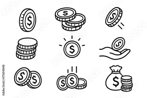 Finance and money line icon collection. Vector dollar coin symbols. Concepts of cash payment, savings, income, investment, wealth, and profit. Editable stroke for infographics.