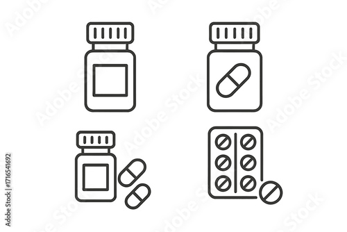 Medicine pill bottle and tablet blister pack icon set. Pharmacy, healthcare, and prescription drug concept. Thin line vector illustration with editable stroke for medical app.