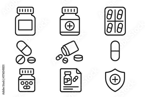 Medical and pharmacy line icon set with editable stroke. Vector illustration of pill bottle, tablets, capsules, blister pack, prescription, and health protection symbol for apps.