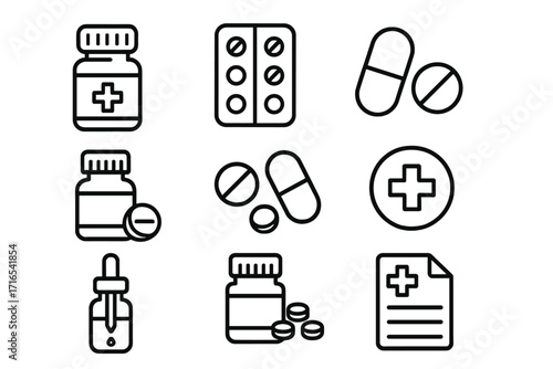 Medicine and pharmacy line icons. Pills, tablets, capsules, bottle, and prescription symbols. Healthcare and drugstore concept. Vector illustration with editable stroke.