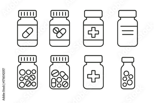 Medicine bottle and pills icon set. Medical drug container thin line collection. Pharmacy prescription symbol. Healthcare treatment vector illustration. Capsule, tablet, vial.