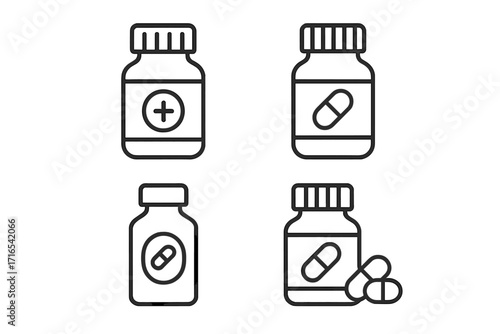 Medical pill bottle line icon set. Medicine, pharmacy, and healthcare concept. Vector illustration collection for drugs, vitamins, and supplements. Editable stroke graphics.