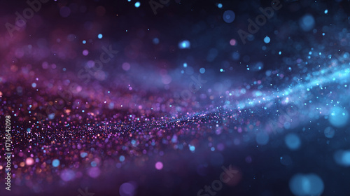 Glittering purple and blue particles swirl in a dark background creating a magical abstract design