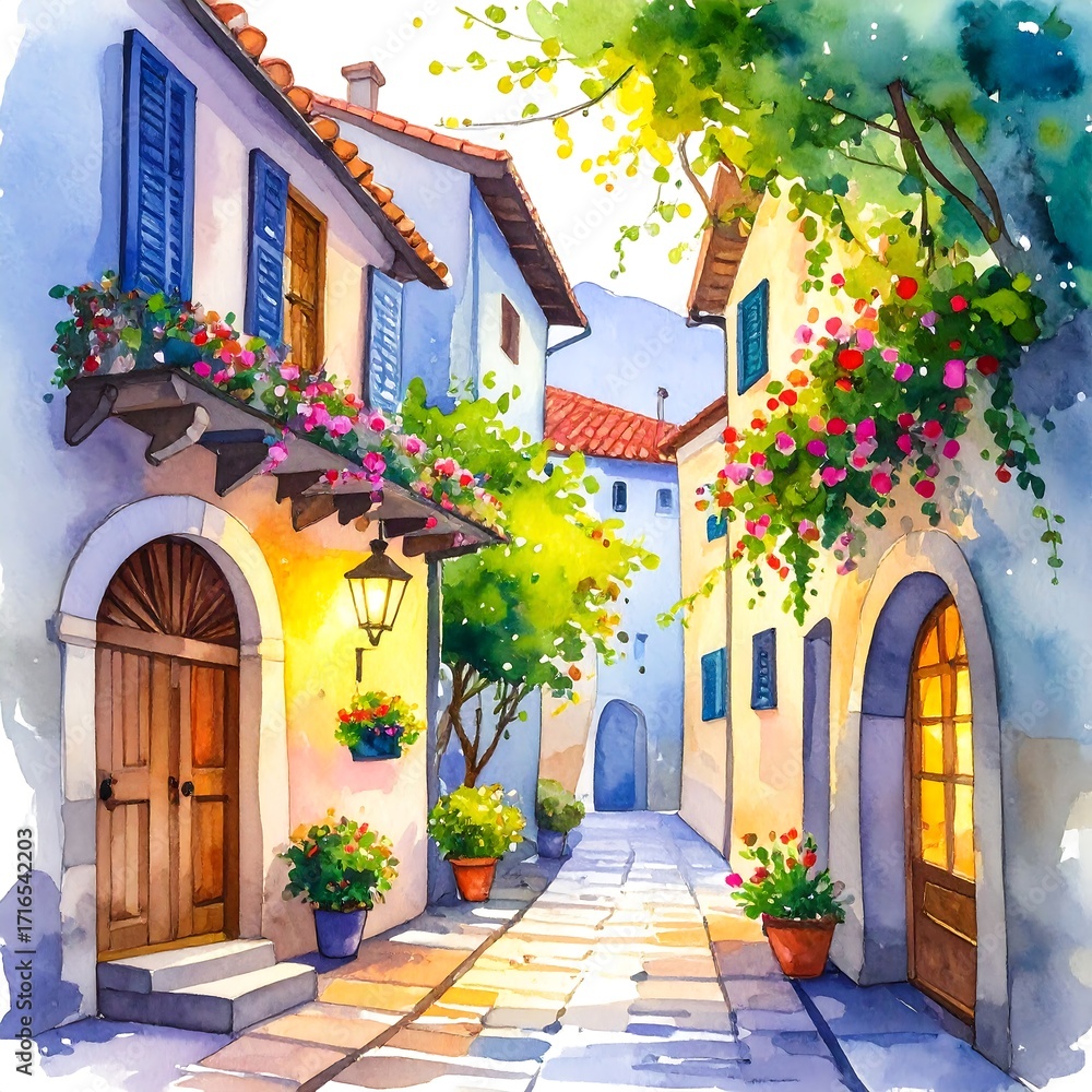 Naklejka premium Watercolor European alleyway