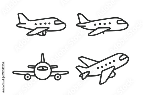 Airplane line icon set. Vector outline aircraft symbols. Simple collection of plane illustrations for travel, transport, and aviation concepts. Flight and tourism pictograms.