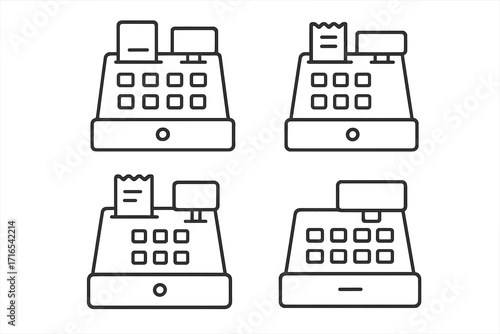 Cash register line icon set. POS terminal and payment processing pictogram bundle. Minimalist linear icons for retail, checkout, and store. Editable stroke vector symbols.