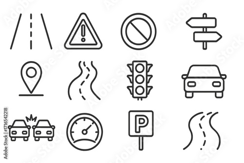 Car traffic and road signs line icon set. Collection of simple linear symbols for web and apps. Vector icons like car crash, gps navigation, traffic light and speedometer.