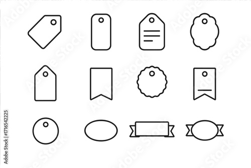 Labels and tags line icon set. Price tag, badge, banner, ribbon collection. Simple vector outline symbols for sale, shopping, discount. Minimalist design elements. Editable stroke.