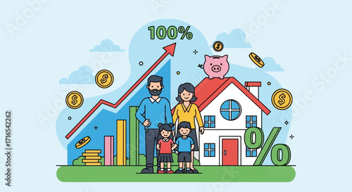 Family Financial Growth Happy Family with House Savings and Investment Growth Chart