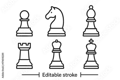 Chess pieces line icon set. Strategy, competition, success business metaphor. King, queen, rook, bishop, knight, pawn figures. Editable stroke vector graphic element.