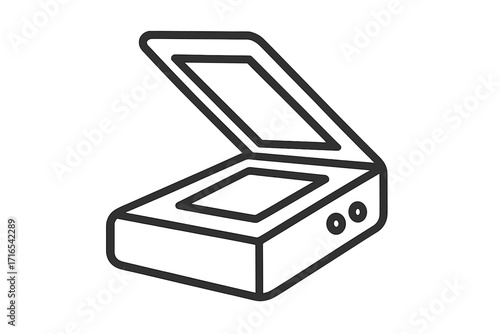 Scanner icon in a simple linear style. Office equipment for scanning documents. Vector illustration of a copier or scan machine. Workspace symbol for digital technology and paperwork.