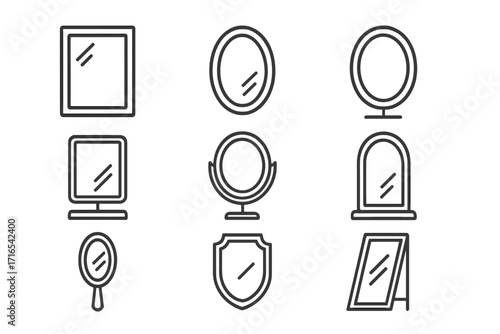 Mirror line icon set vector collection. Reflection symbols. Hand mirror, wall, vanity, floor mirror. Home decor, interior furniture. Minimalist outline pictogram for web, app.