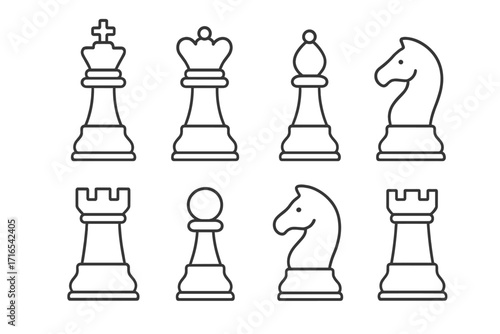 Chess piece line icon collection. Vector set of king, queen, rook, and knight figures for strategy games. Editable stroke symbols for business or education infographics.