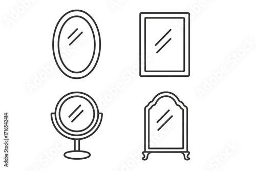 Mirror line icon collection. Editable stroke vector set. Wall, vanity, and vintage mirrors. Outline illustration for interior design, beauty, furniture, web, and apps.