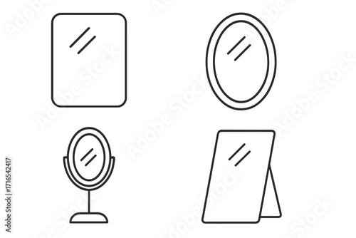 Mirror icon set. Simple line art collection of different mirror types. Vector illustration for furniture, decor, beauty, and reflection concepts. Editable stroke for web and apps.
