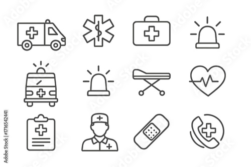 Medical emergency service thin line icon set. Ambulance, paramedic, first aid, hospital care vector symbols. Doctor, siren, stretcher, heart EKG, editable stroke design.